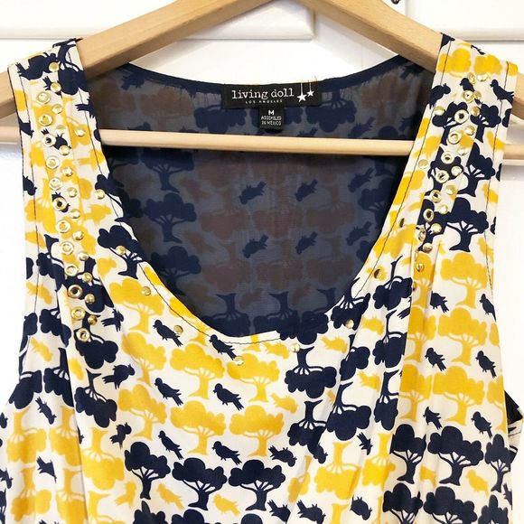 LIVING DOLL vintage yellow blue pocket dress M - Picture 3 of 8